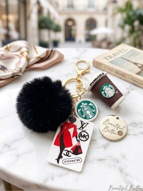 Custom Black Pom Pom Keychain with Coffee & Fashion Charms